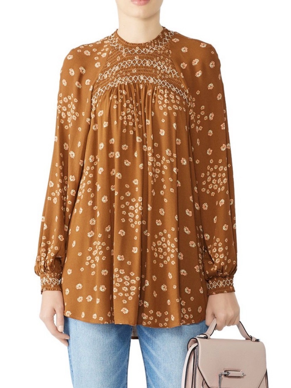 🌼 Free People Flowers In Her Hair Smocked Floral Tunic Top Brown Medium